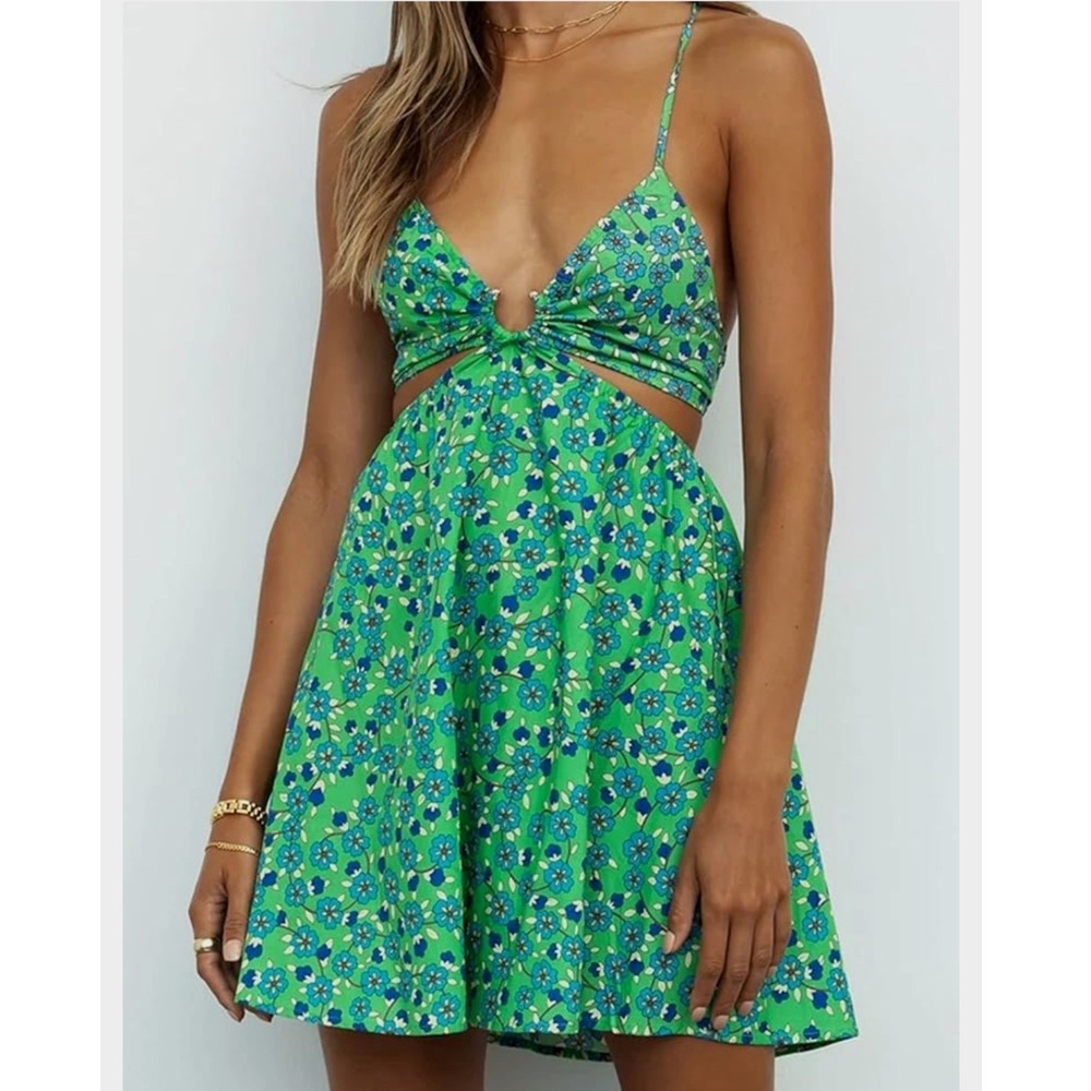 Just quella Green Floral Cut-Out Backless Mini Dress Womens XS